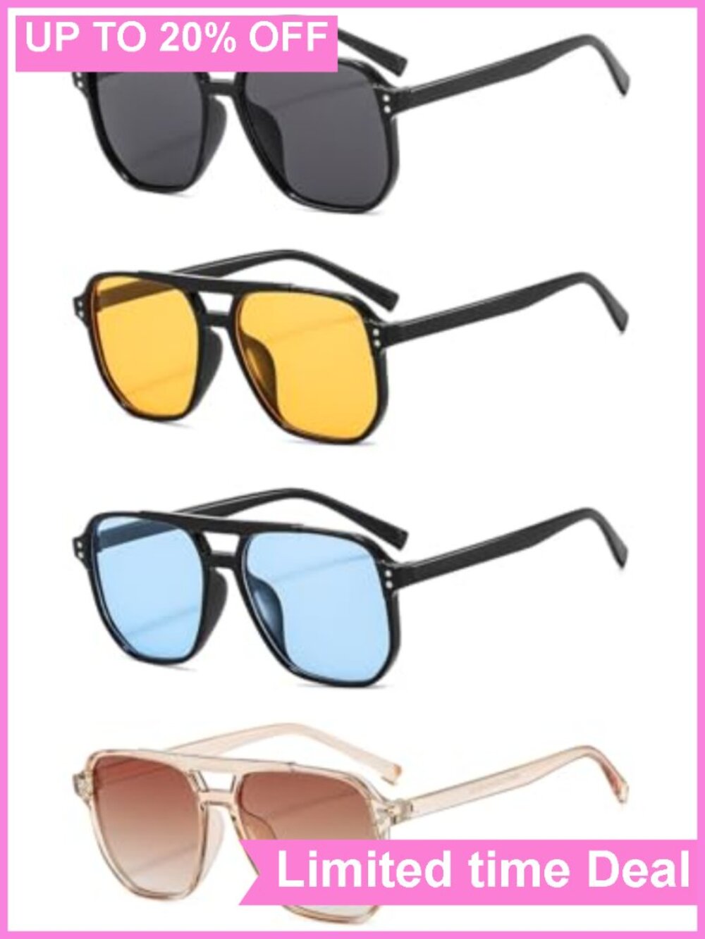 Retro Square Aviator Sunglasses 4-Pack UV400 Oversized Vintage Shades